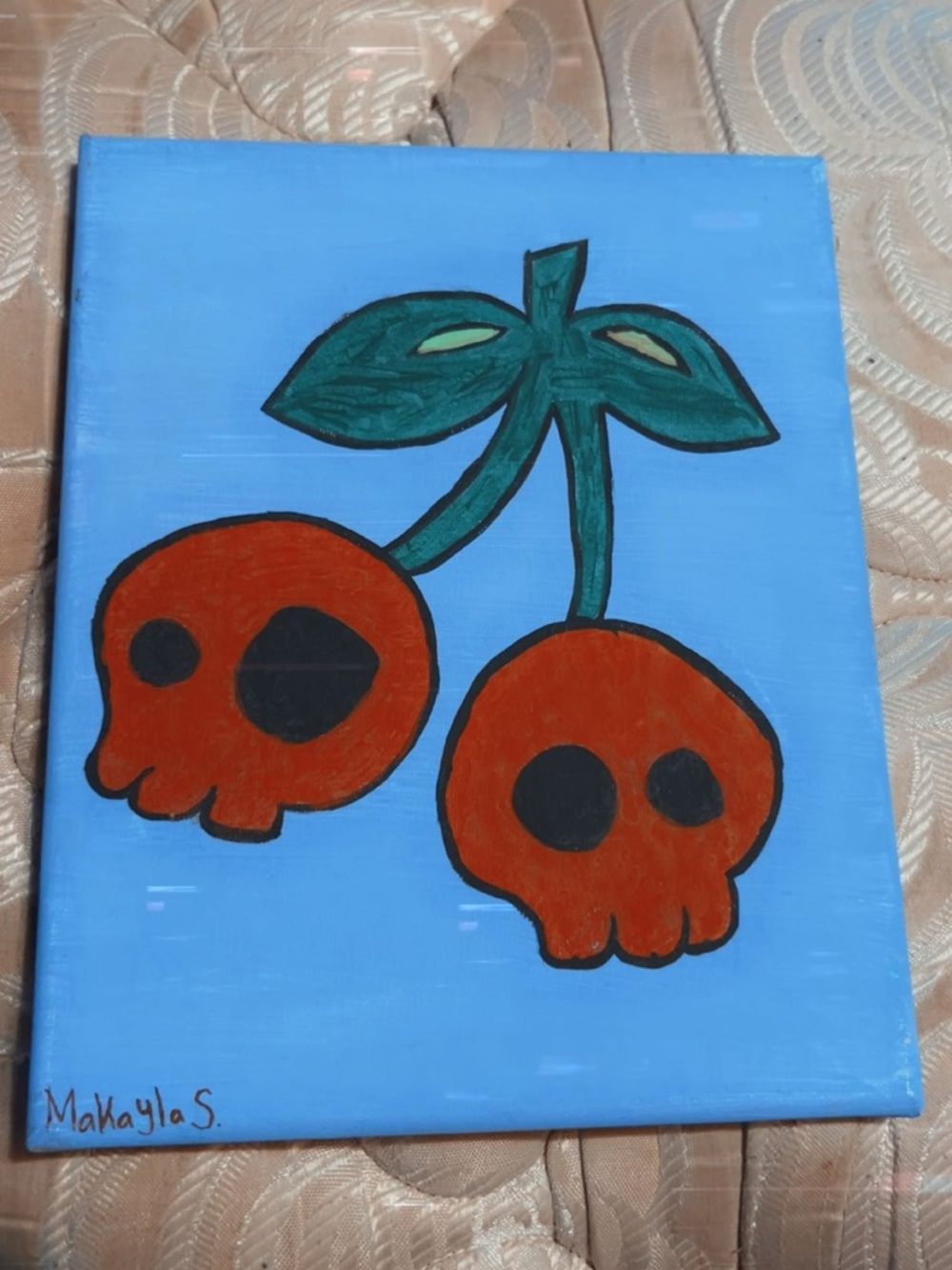 Hand-Painted Blue Canvas Art with Red Cherry Skulls by